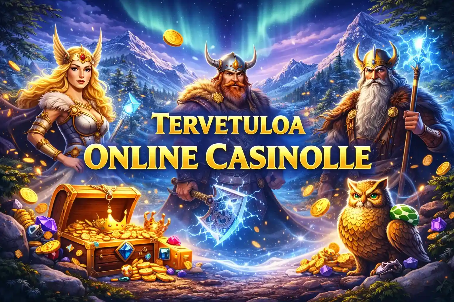 Fantasiatyylinen nettikasino maisema viikinkihahmoilla ja kultaisilla kolikoilla