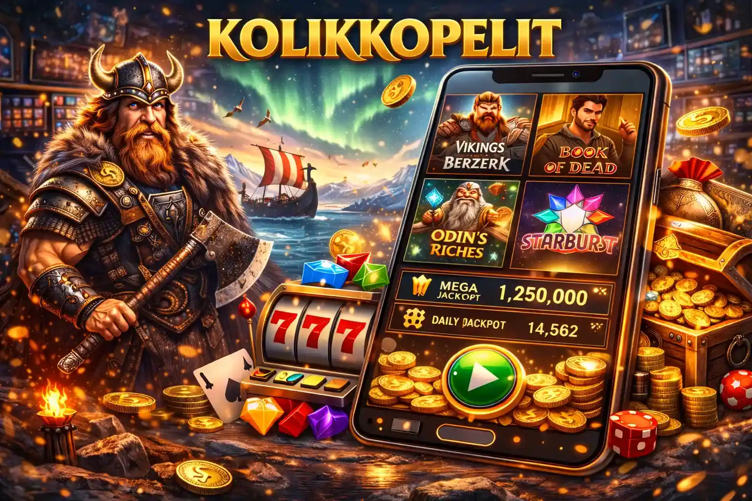 Älypuhelin jossa suositut kolikkopelit ja kultakolikot viikinkiteemaisessa ympäristössä