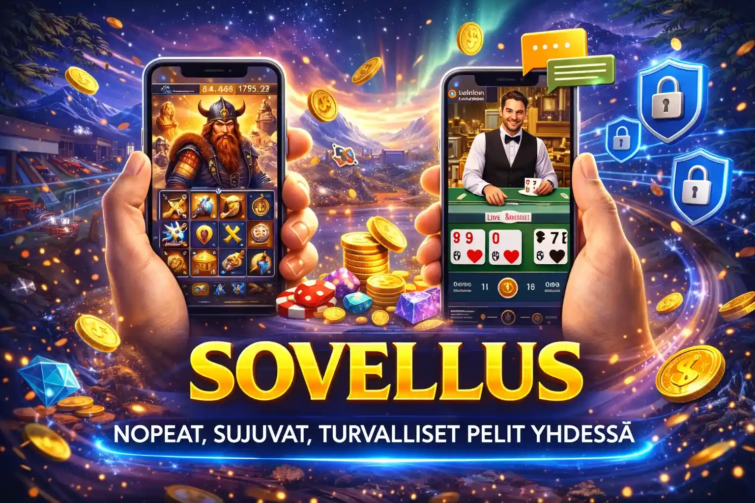 Pelaaminen mobiilisovelluksessa kolikkopeleillä ja live peleillä älypuhelimella